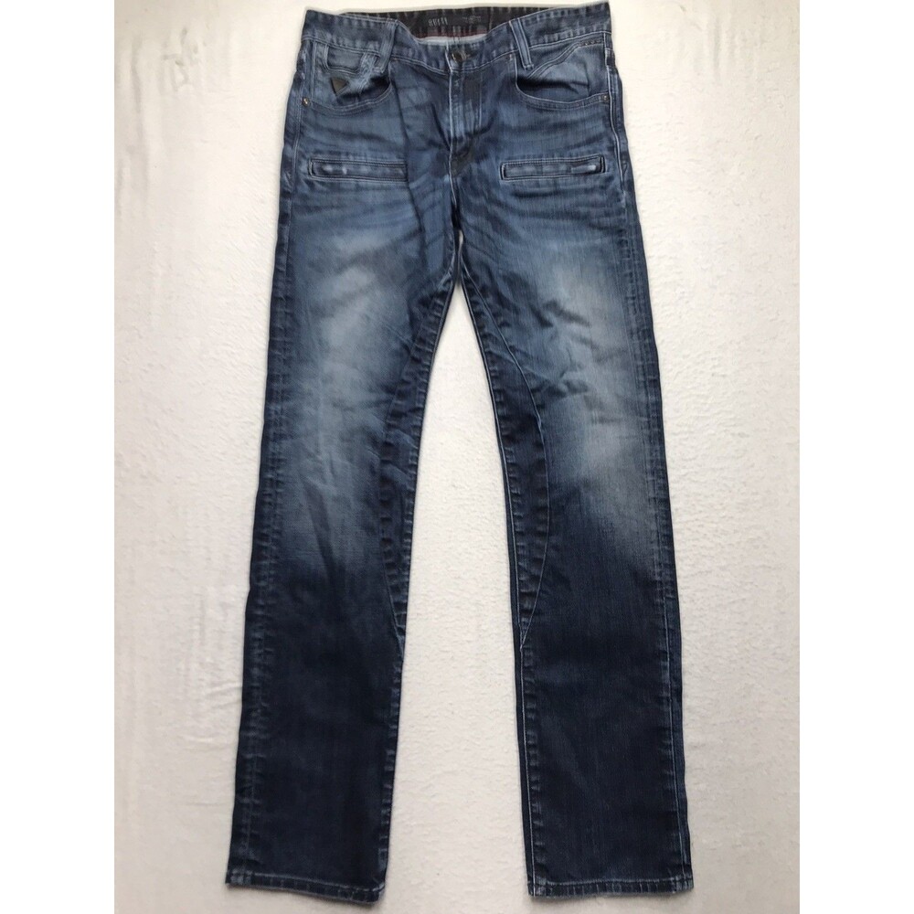 GUESS Alameda Jean Men 32x32 Slim Taper Moto Dark Wash Stretch Faux Selvedge